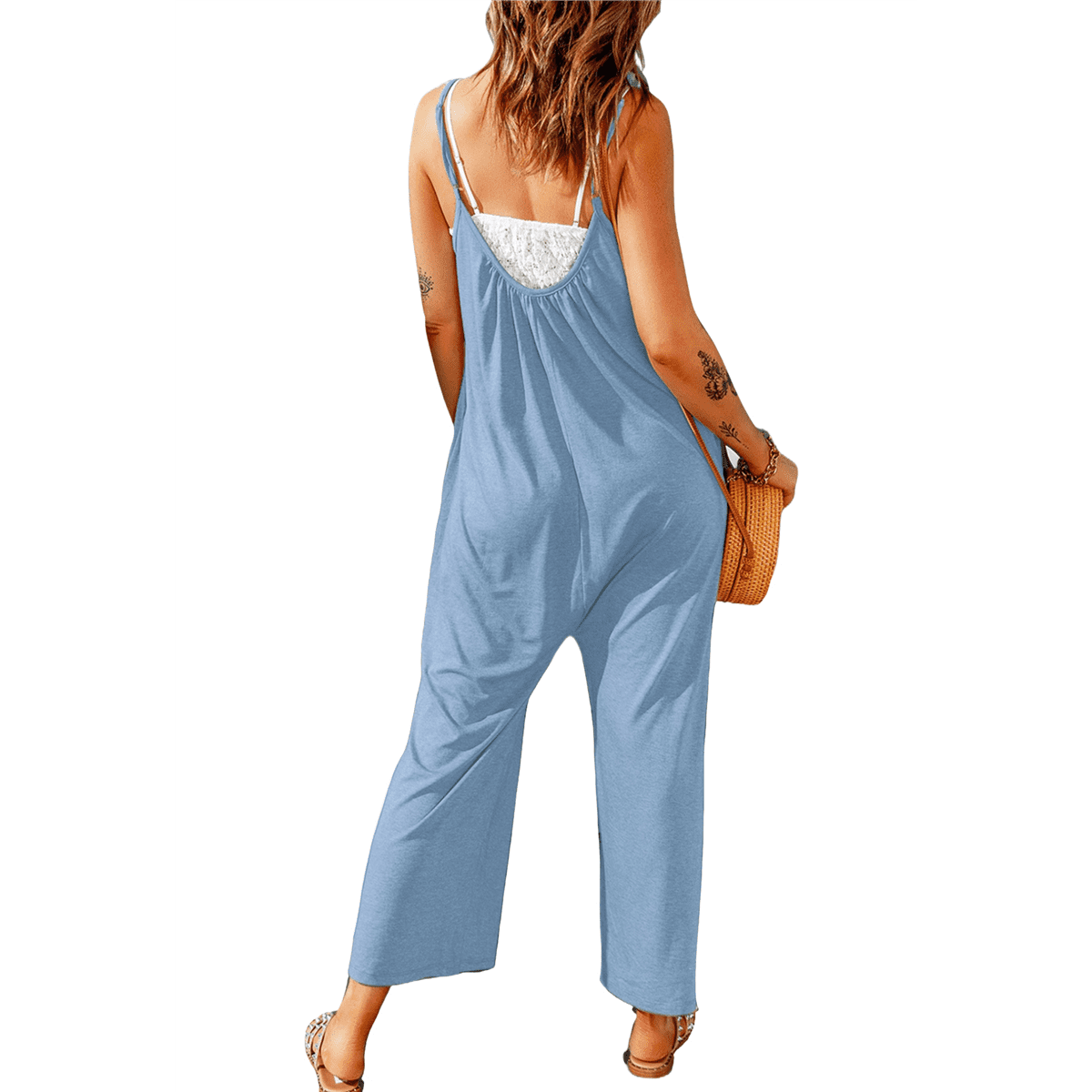 Combinaison d'été sans manches pour femme - Pantalon large décontracté avec poches - Combinaison longue ample - Bretelles réglables - Salopette pour les vacances d'été et la vie quotidienne, beige, XL