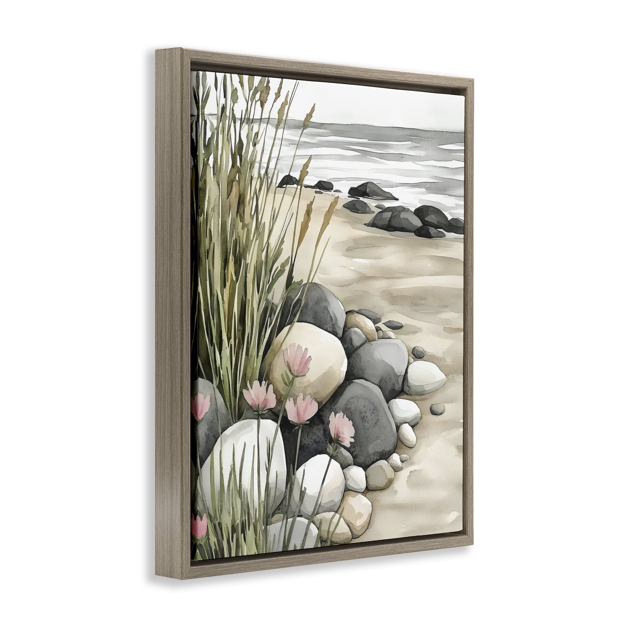 Stupell Industries Coastal Calm Pebbles Brown Framed Floater Canvas Wall Art, design by Riley B