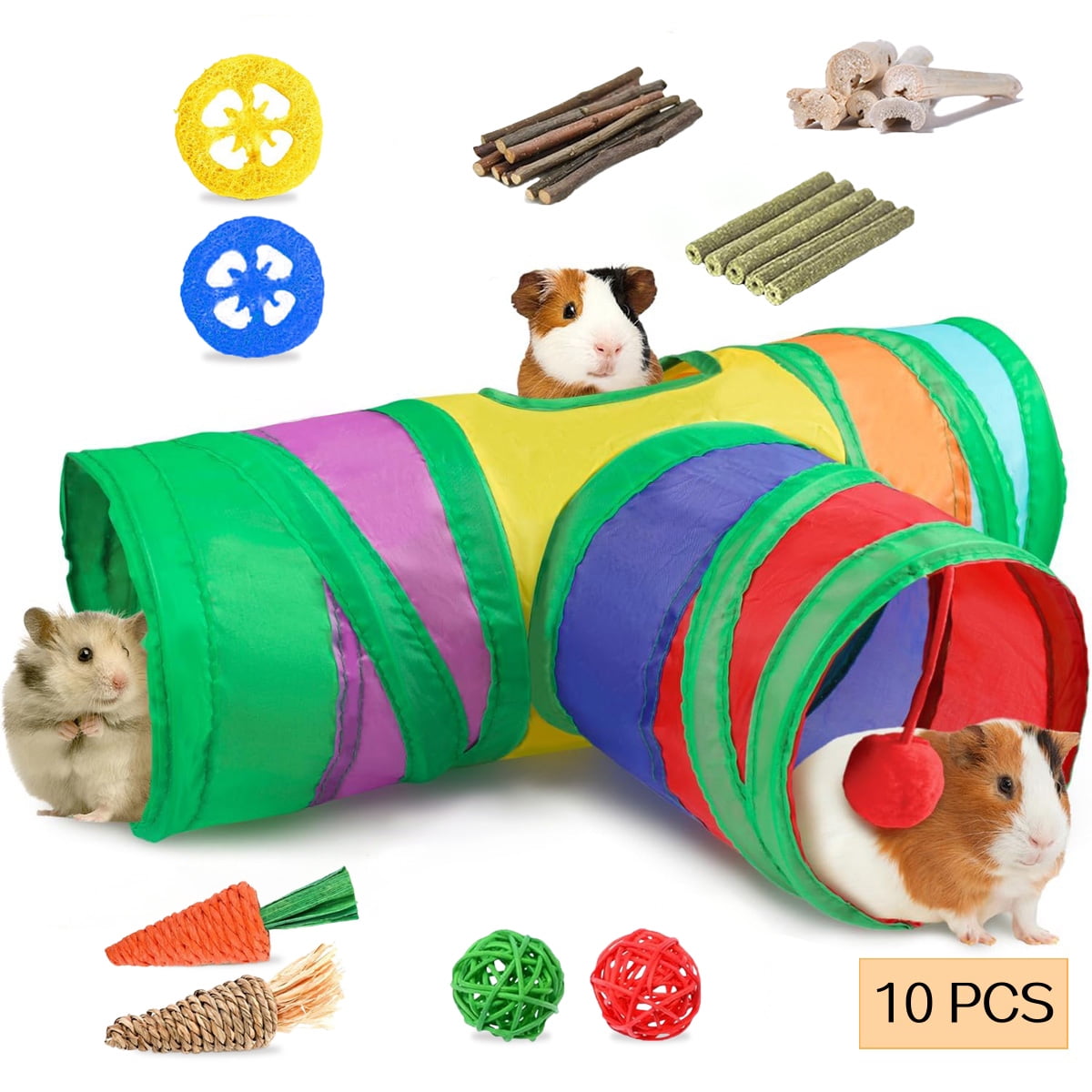 WLGJL Rabbit Toys, Bunny Tunnels & Tubes, Collapsible 3 Way Rabbit Hideout Tunnel with Chew Toys for Bunny Guinea Pig Ferret Kitten