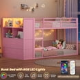 thumbnail image 5 of Plonmago Bunk Bed Twin Over Twin with 6 Large Fabric Drawers & 4 Storage Bookshelf, Metal Low Bunk Bed with LED Lights & Ladder,13.5"Guardrail, Space Saving,Pink, 5 of 9