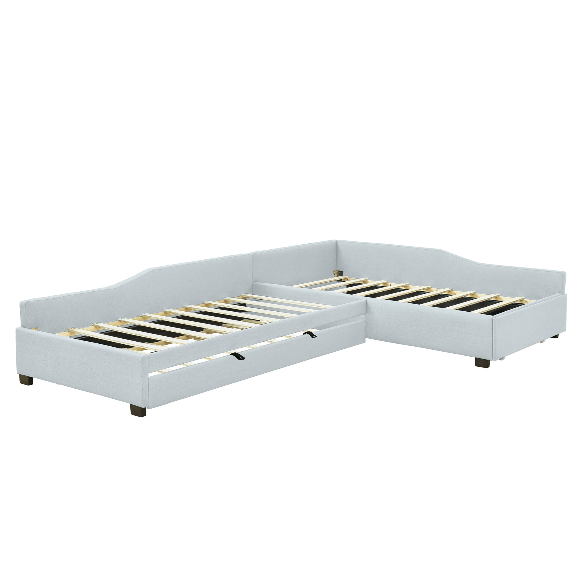 Euroco Modern Upholstered L-Shaped Twin Daybed with Drawer and Trundle, Three Beds in One for Kids, Beige