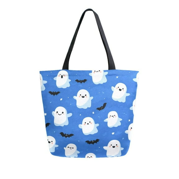 Open Top Canvas Tote Bag with Zipper Reusable Shopping Bag 13.5x15" Roomy Carryall Blue Background with Ghost Pattern