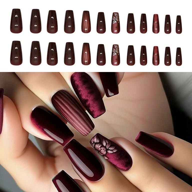 French Style Press on Nail with Floral and Stripes False Nail Artificial Nail Acrylic Stick on Nail Manicure 24pcs