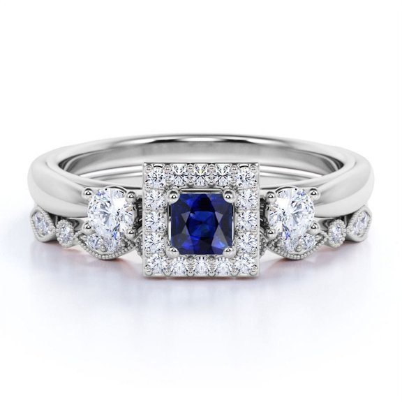 JeenMata Trilogy 1.5 TCW Princess Cut Lab Created Blue Sapphire and Moissanite Square-Shaped Halo Wedding Ring Set