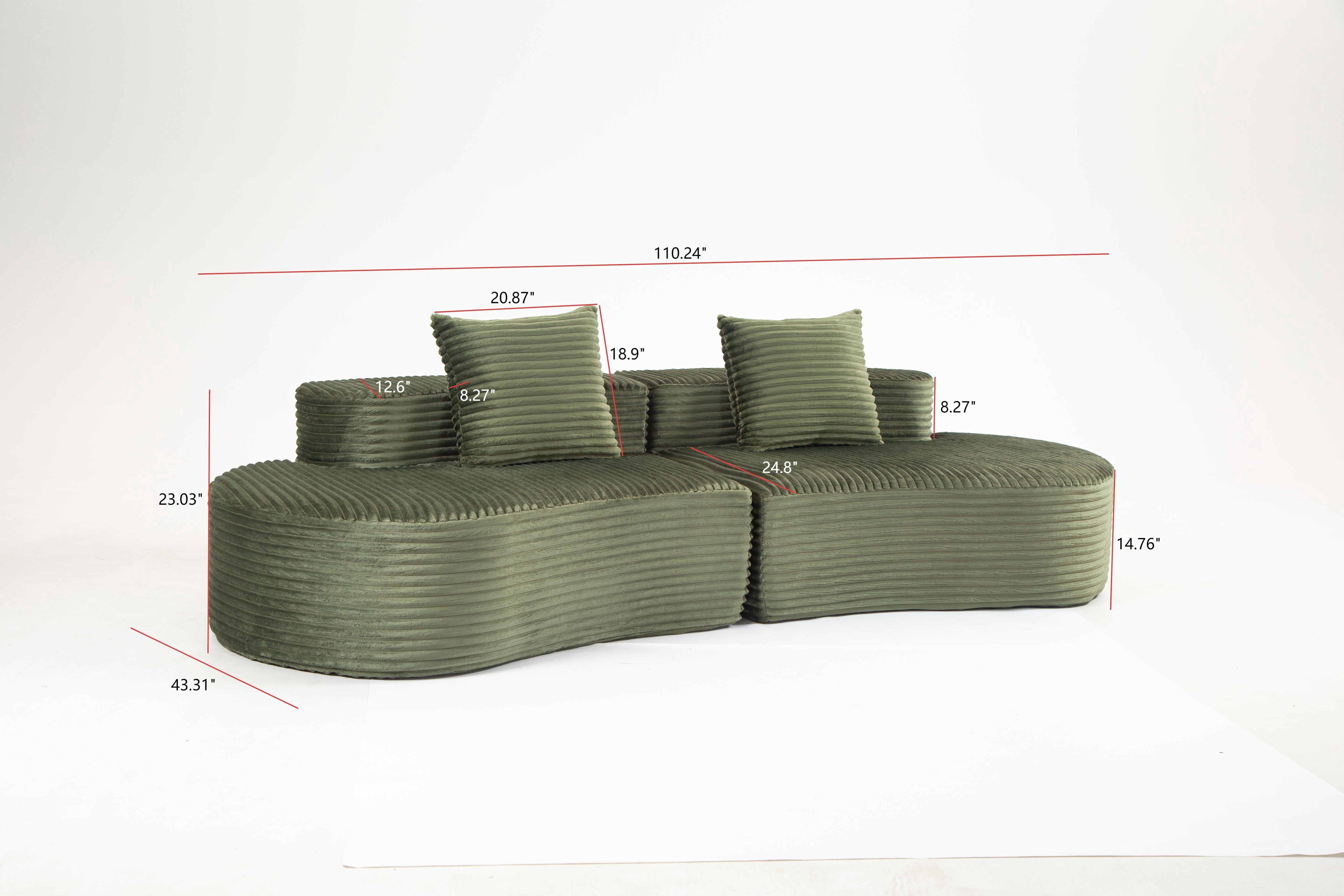 110.24 Inch Fully Compressed Sofa, Corduroy 2-Seater Couch with 2 Lumbar Pillows, Cozy Deep Seat Upholstered Cloud Sofa for Living Room Bedroom No Assembly Needed, Green