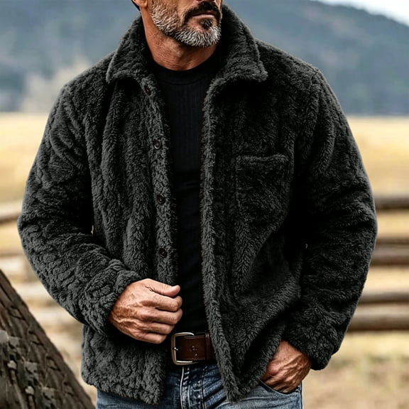 WIZUTIZ Fleece Lined Jacket For Men Button Front Fold Collar Long Sleeve Coat Outdoor Warm Fall Winter Black Brown Gray