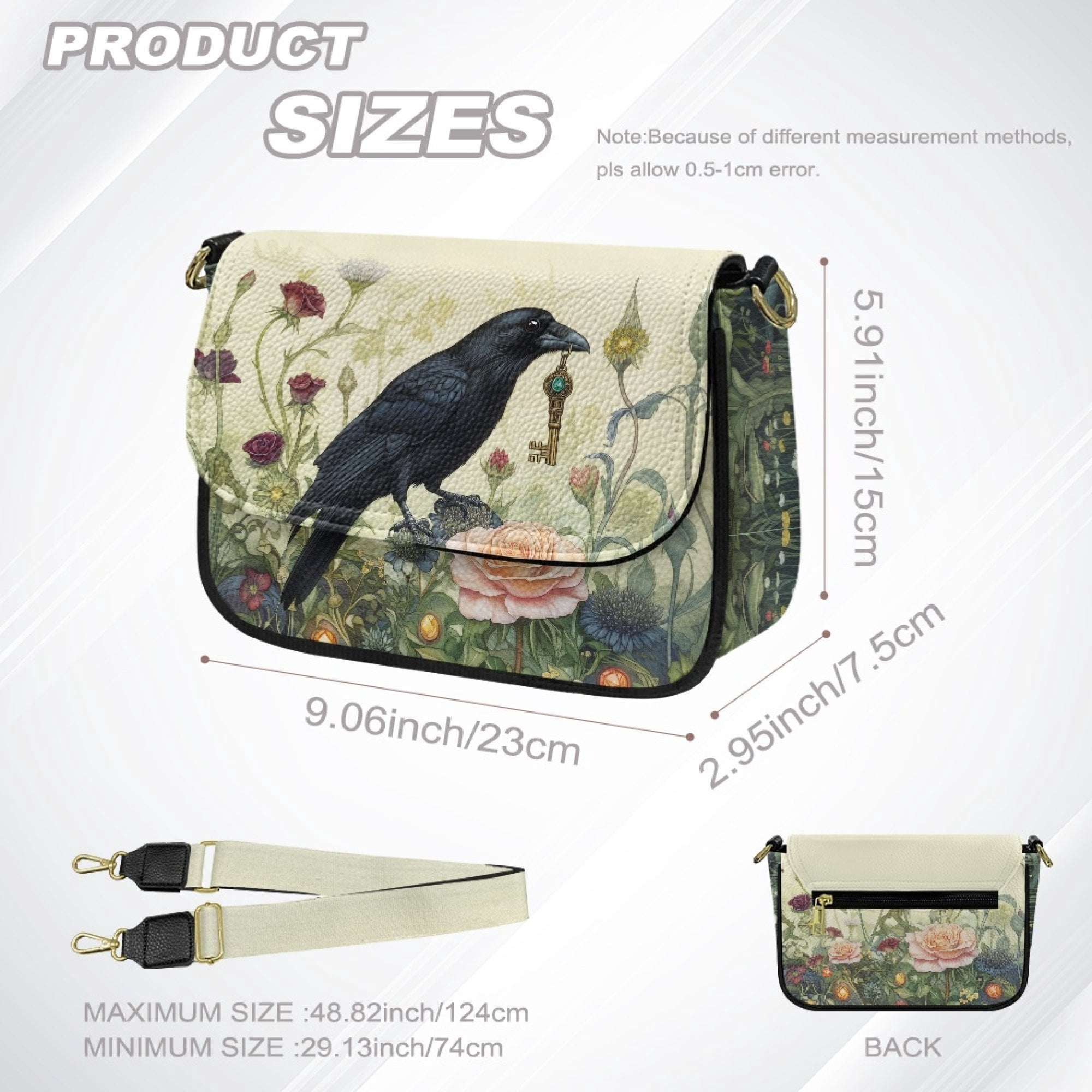 ZUXONGSY Raven Rose Floral Print Shoulder Bag for Women Lightweight Crossbody Travel Purse Waterproof Satchel with Adjustable Wide Strap for Dating Workout