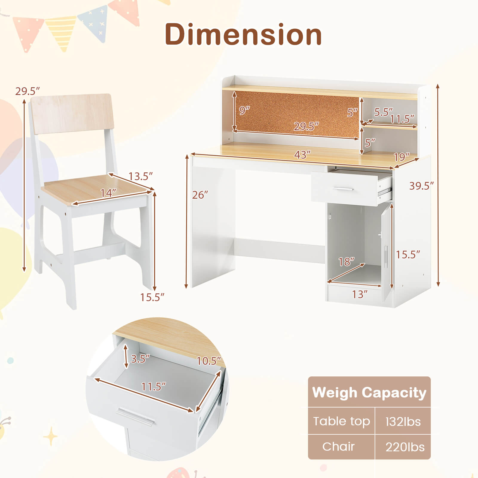 Costway Kids Study Desk and Chair Set Wooden Children Writing Table with Shelves & Drawer Beige