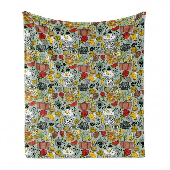 Grunge Soft Flannel Fleece Blanket, Various Skull Omelet Watermelon Onion Mushroom Cooking Eye Banana Food Illustration, Cozy Plush for Indoor and Outdoor Use, 60" x 80", Multicolor, by Ambesonne