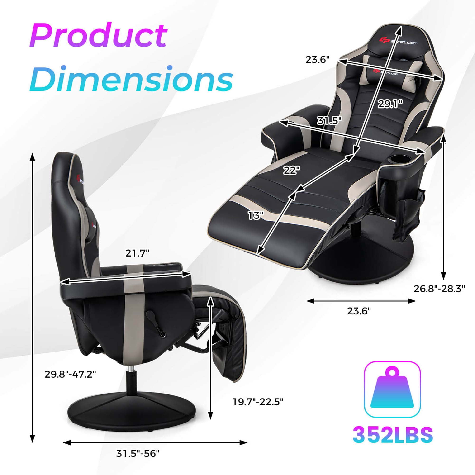 Goplus Massage Gaming Recliner Height Adjustable Racing Swivel Chair with Cup Holder Grey