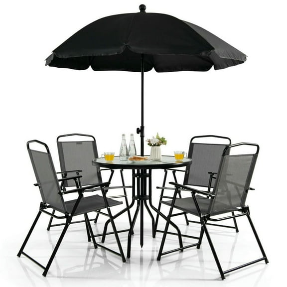 Spaco Outdoor Dining Sets,Patio Dining Furniture Sets,6 Pieces Patio Dining Set Folding Chairs Glass Table Tilt Umbrella for Garden-Gray