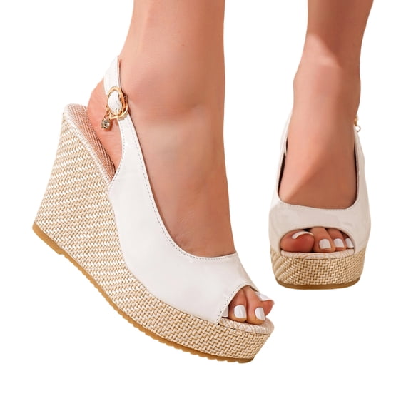 Platform Wedge Sandals for Women Comfortable Ankle Strap High Heel Wedges Fashion Leather Peep Toe Summer Dress Shoes Beige Size 8