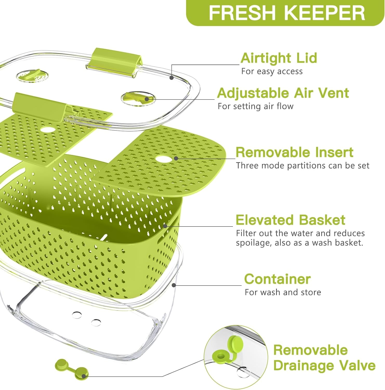 Fresh Produce Vegetable Fruit Storage Containers 3Piece Set, BPA-free Fridge Storage Container, Partitioned Salad Container, Fridge Organizers, Used in Storing Fruits Vegetables, Gray