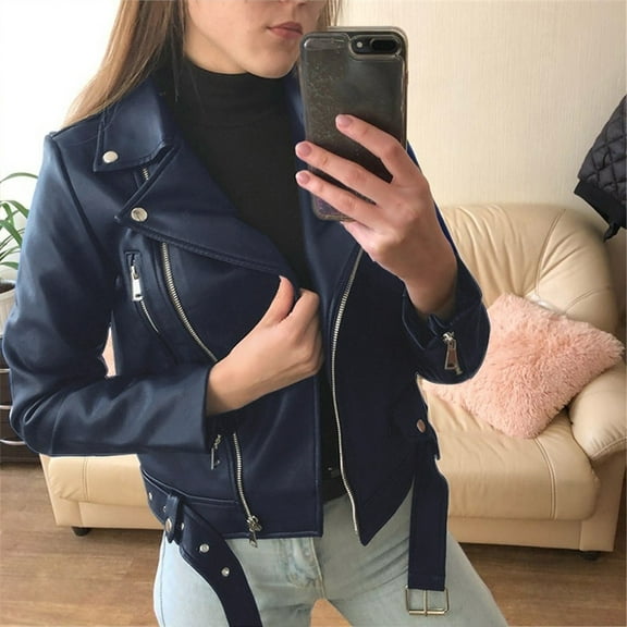 Kayannuo Womens Coats and Jackets Lapel Plain Open Front Tops for Women Women Cool Faux Leather Jacket Long Sleeve Zipper Fitted Coat Fall Short Jacket