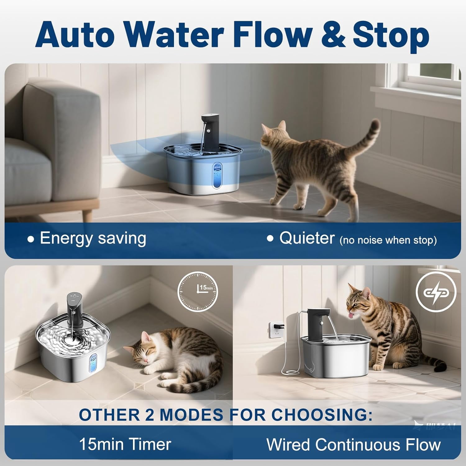 Stainless Steel Cat Water Fountain Cordless, 3.2L 108oz 5000mah Rechargeable Battery Operated Cat Water Fountain with Auto Shut-Off Pump Motion Sensor Pet Water Dispenser for Cats Indoor Outdoor