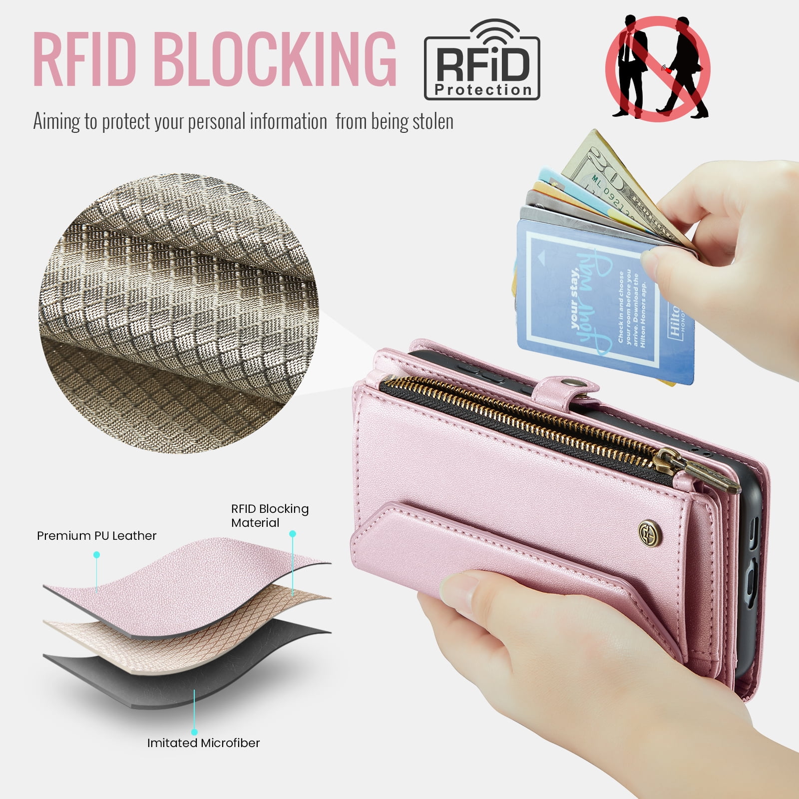 for Samsung Galaxy A12 5G Full Body Protection Wallet Folio Flip Case, Shoulder Strap & Wristlet Card Slots Zipper Pocket RFID Blocking Rugged Durable PU Leather Phone Case Cover, Pink