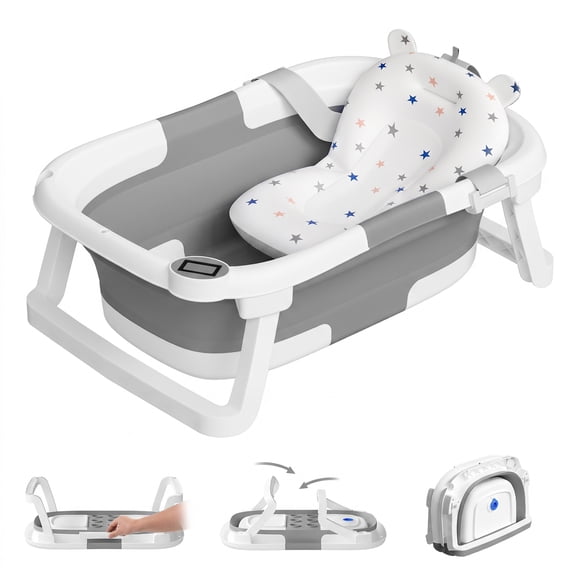 Tumajup Collapsible Baby Bathtub with Soft Bath Cushion&Thermometer Gray
