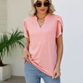 thumbnail image 2 of Defitshape Women's Short Sleeve Cotton T Shirt Solid Loose Fit Notch V Neck Shirt Lightweight Lace Flutter Sleeve Blouse Soft Summer Top Pink XX-Large, 2 of 4