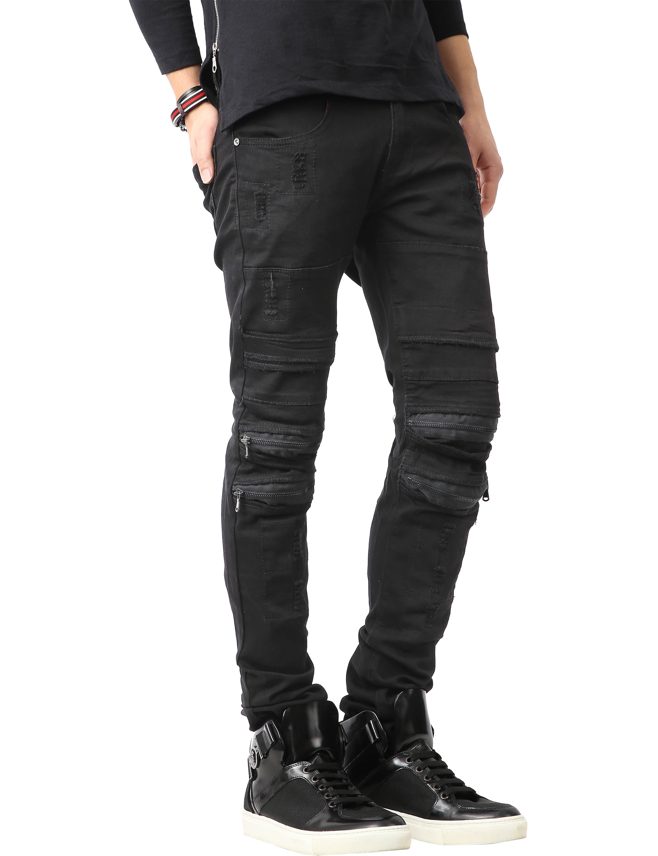 halen Vete Zwart Ma Croix Mens Biker Jeans Distressed Ripped Zipper Straight Slim Fit  Stretch Denim Pants - Walmart.com
