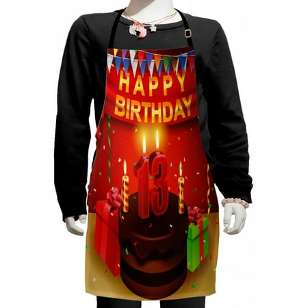 

13th Birthday Kids Apron Creamy Chocolate Cake with Candlesticks Presents and Ribbons Theme Boys Girls Apron Bib with Adjustable Ties for Cooking Baking Painting Multicolor by Ambesonne