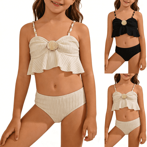 Paiwinds Girls Ruffled Bikini Top Set with Shell Decor, Quick-Dry Nylon Spandex Swimwear for Beach Pool Party 4-7 Years