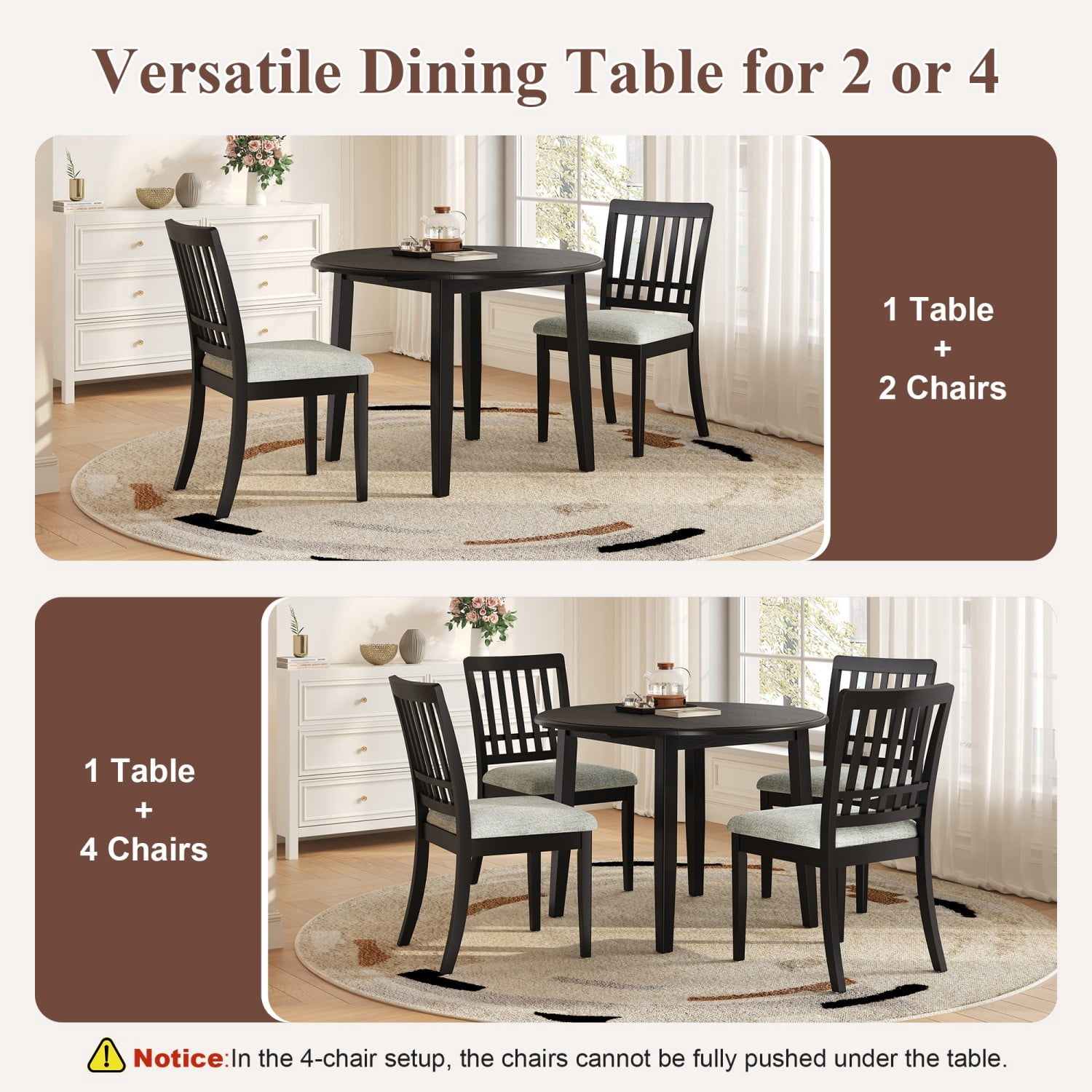 5-Piece Round Dining Table Set for 4 People Folding Wood Dining Table with 4 Upholstered Chairs Space Saving Dining Set for Small Apartment Kitchen Dining Area, Black