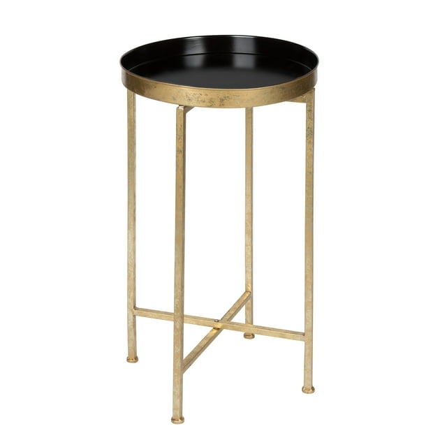 Kate and Laurel Celia Round Metal Foldable Tray Accent Table, Black with Gold Base