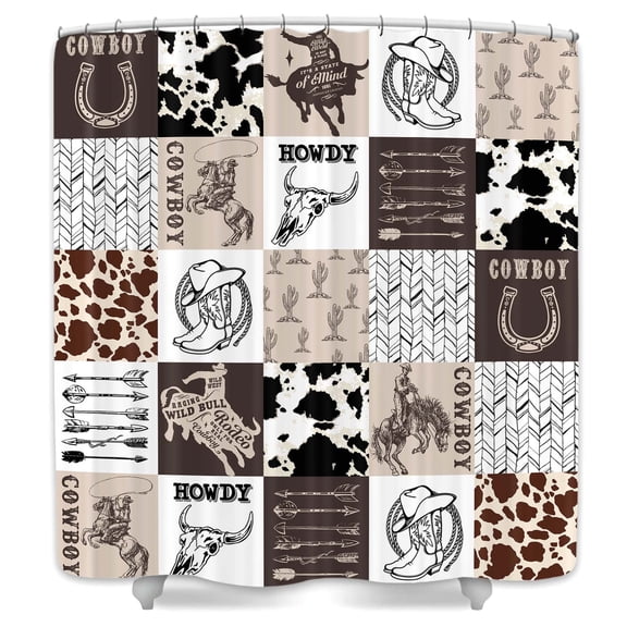 Geometric Grid Shower Curtain,Brown Plaid Bull Skull Horse Arrow Print Bathtub Curtain,Western Cowboy Vintage Wild Country Farmhouse Bathroom Decor with 12PCS Hooks,69X70 in