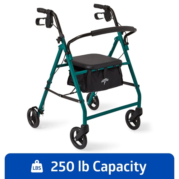 Medline Aluminum Rollator Walker with Seat, Green, 250 Lb. Weight Capacity, Lightweight, 6” Wheels, Foldable, Adjustable Handles, Rolling Walker for Seniors
