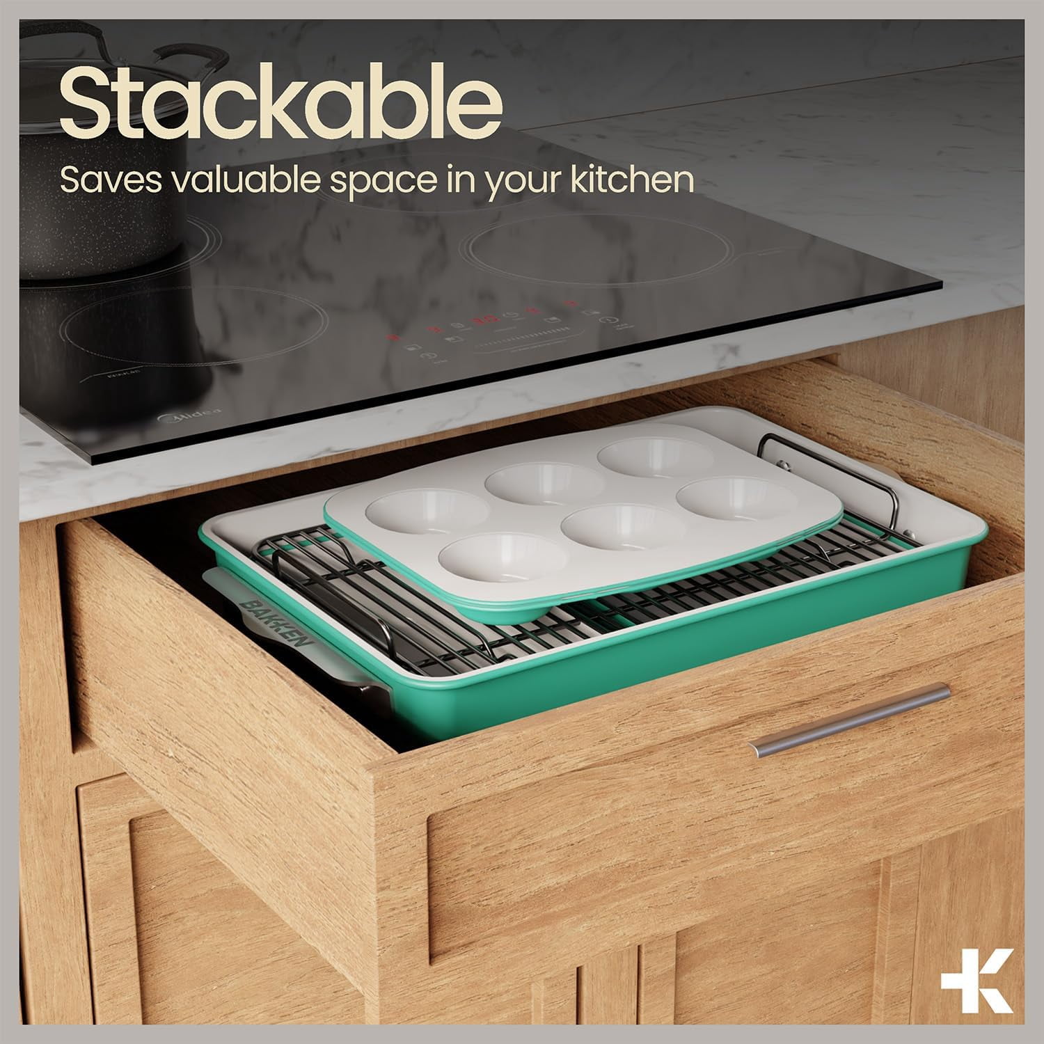 BAKKEN 8-Piece Stackable Bakeware Set, Ceramic Nonstick Oven-Safe Baking Sheets and Pans with Cooling Rack, Ergonomic Handles