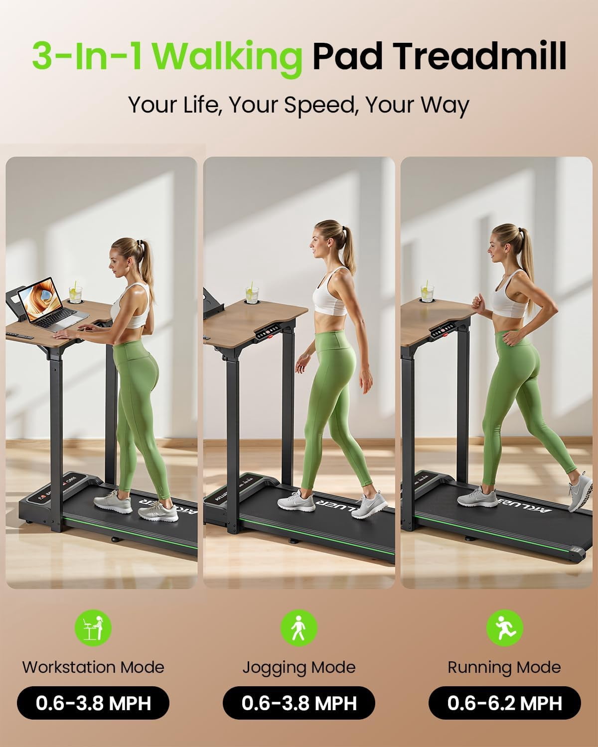 Akluer P3-D Adjustable Desk Treadmill, 2.5HP Quiet Walking Pad with Integrated Desktop, Remote Control, 6.2MPH, Compact Folding Design