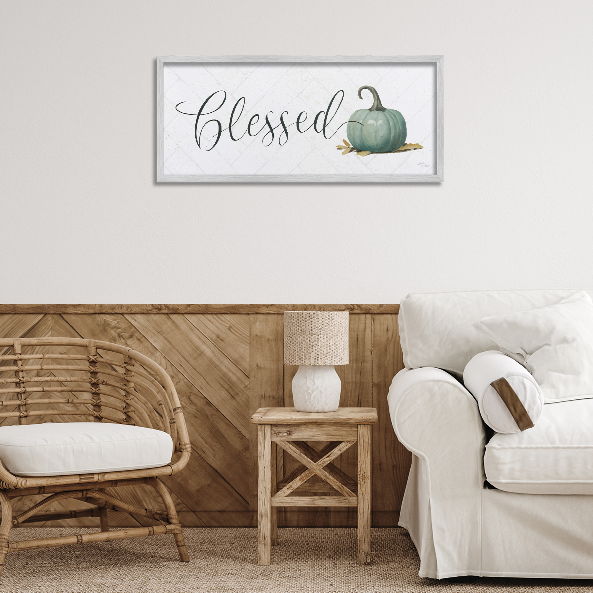 Stupell Industries Blessed with Pumpkin Typography Painting Gray Framed Art Prints Wall Art, 30 x 13