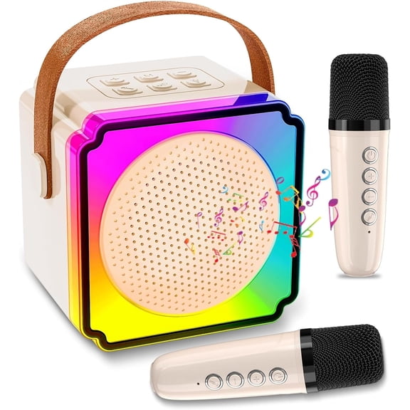 Best Mini Karaoke Machine with 2 Wireless Microphones, Portable Karaoke Machine, Voice Changing Effects, Bluetooth Speaker for Kids Adults, Birthday Gifts for Girls Boys (Beige)
