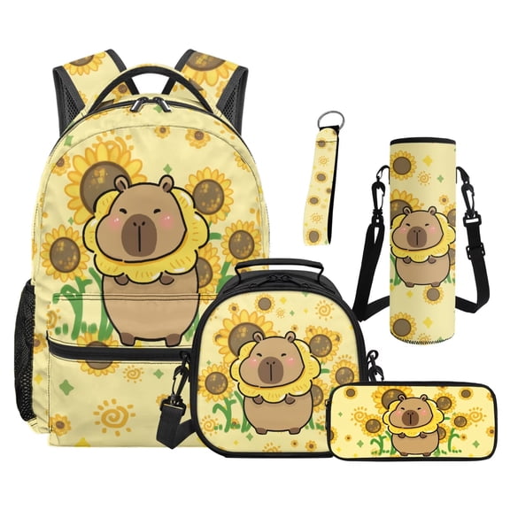 Jeiento Cartoon Capybara Boys Backpack And Lunch Box Set 5 Piece Backpack with Pencil Case, Water Bottle Pouch, Keychain, for Elementary School Kids