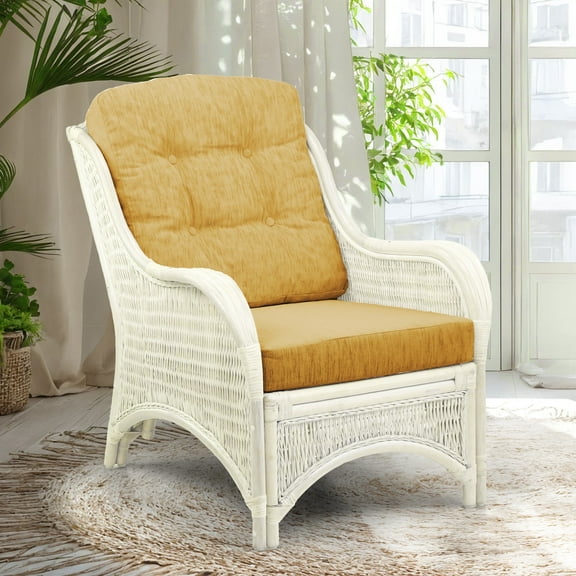 SK New Interiors Jam  Lounge ArmChair ECO Natural Rattan Wicker Handmade w/ Light Brown Cushions, White Color
