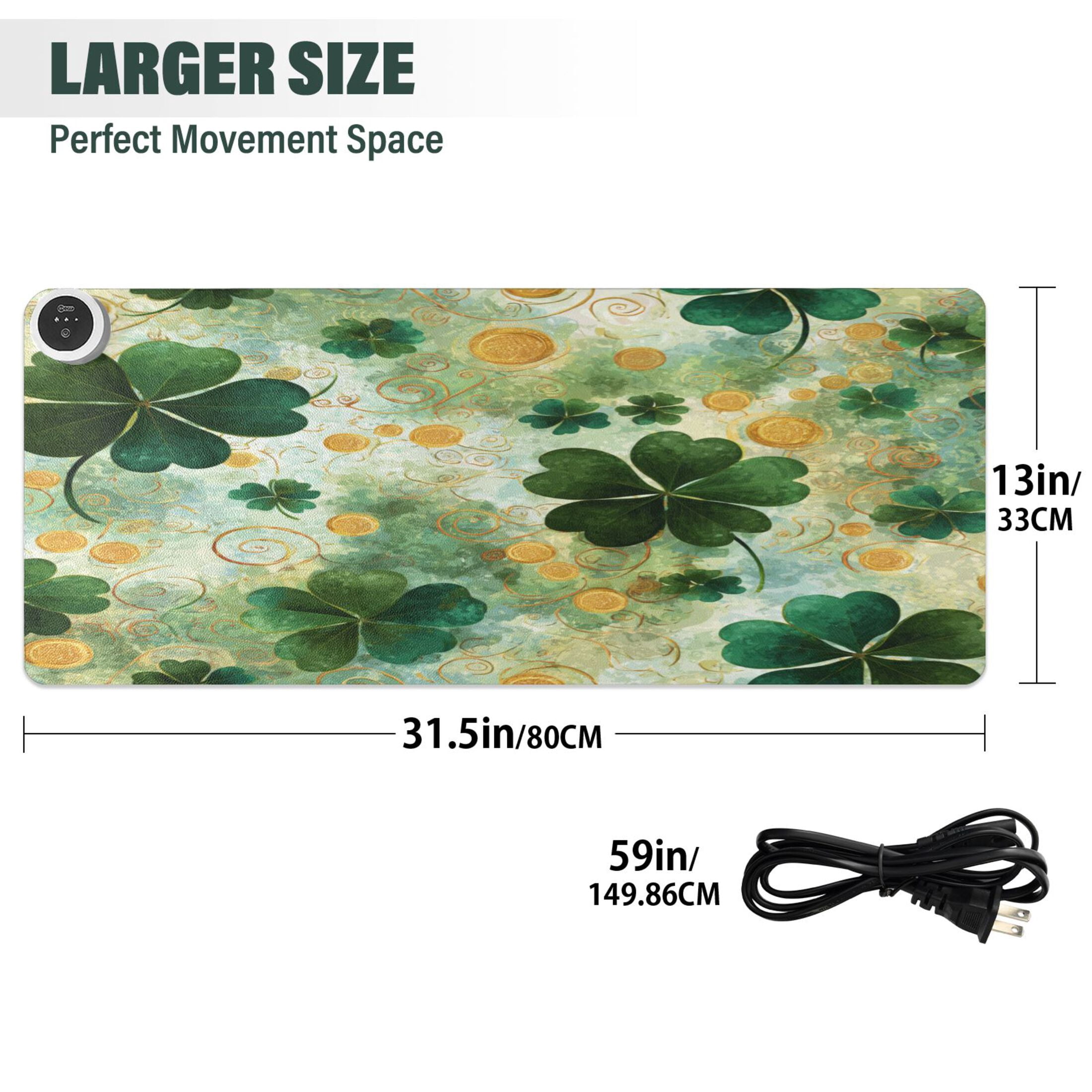 Large Heated Desk Mat Mouse Pad 31.5"x13"PU Leather Graphene Heating Desk Warmer with 3 Temperature Settings 110V US Plug Non-Slip Warm Pad for Home, Office, and Gaming Lucky Clover Coin Pattern