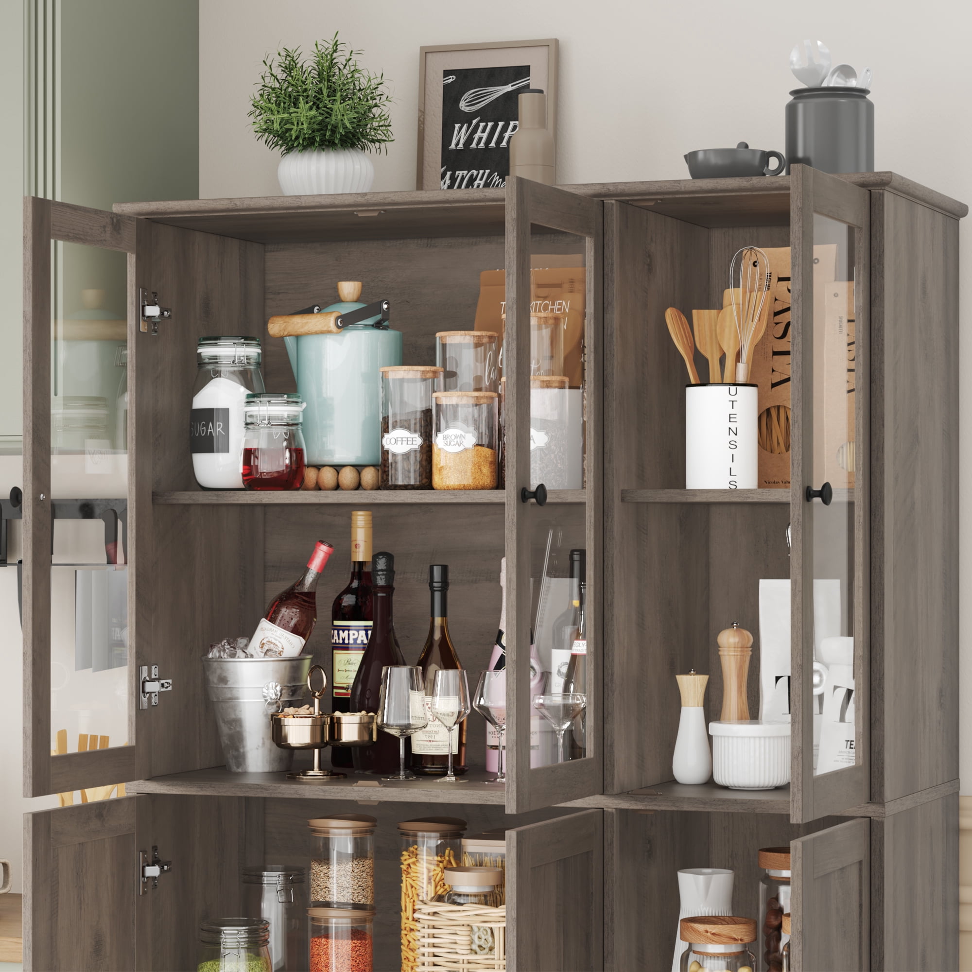 Homfa 69" Tall Bookshelf, 5-Tiers Large Bookcase with Glass Doors and Hutch Storage Cabinet for Living Room Kitchen Office, Gray