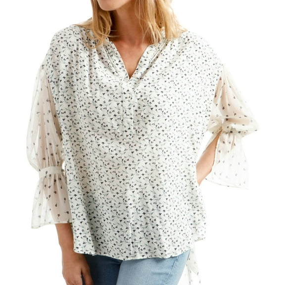 Lucky Brand Womens Mix Print Peasant Blouse, Off-White, X-Small