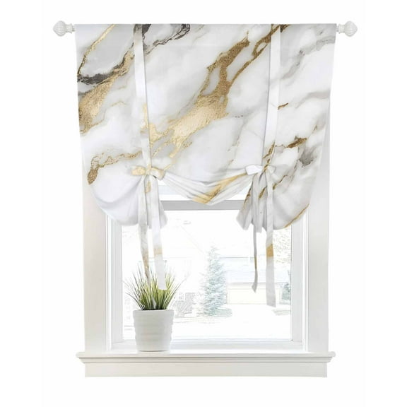 Modern White Gold Tie Up Curtains for Window, Thermal Insulated Balloon Shade Adjustable Rod Pocket Curtains Valance Panels for Kitchen Bathroom Cafe 52 x 45 Abstract Marble Geometric