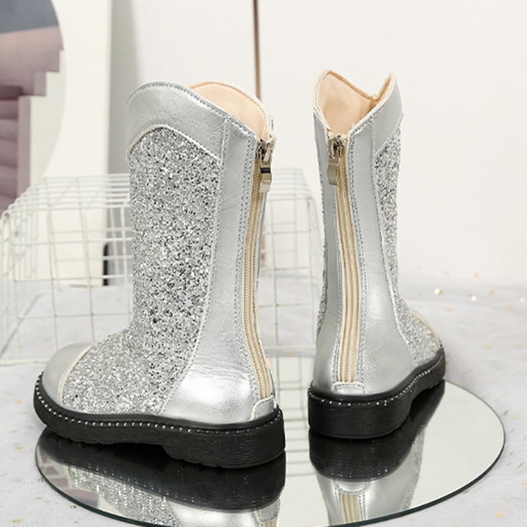 silver fancy dress boots vokkrv Girls Sequins Glitter Boot, Bowknot Round Toe Knee High Boots Sequined Cowgirl Cowboy Boot Wide Calf Long Booties Wedding Party Shoes Fancy