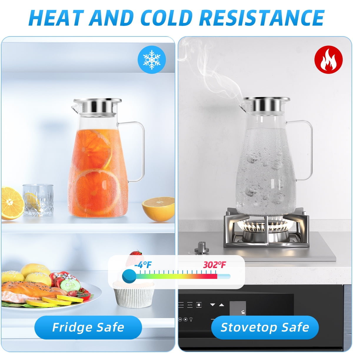 64 oz Glass Pitcher with Lid and Spout, 1.8L Heat & Cold Resistant Glass Water Carafe with Handle for Hot/Cold Water, Easy to Clean Large Drink Pitcher for Cold and Hot Beverage