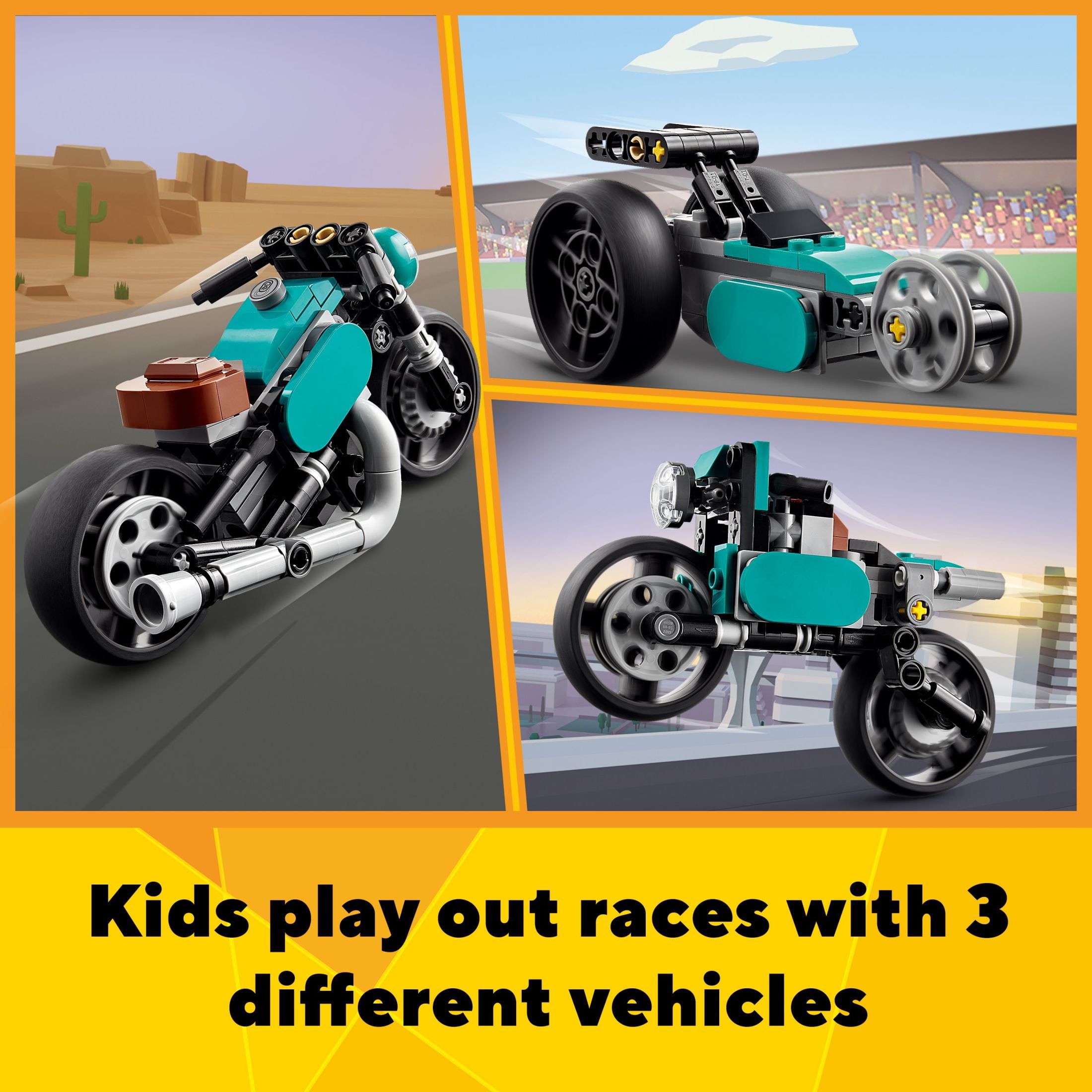 LEGO Creator 3 in 1 Vintage Motorcycle Set Transforms from Classic Motorcycle Toy to Street Bike to Dragster Car Building Toys Great Gift for Boys Girls and Kids 8 Years Old and