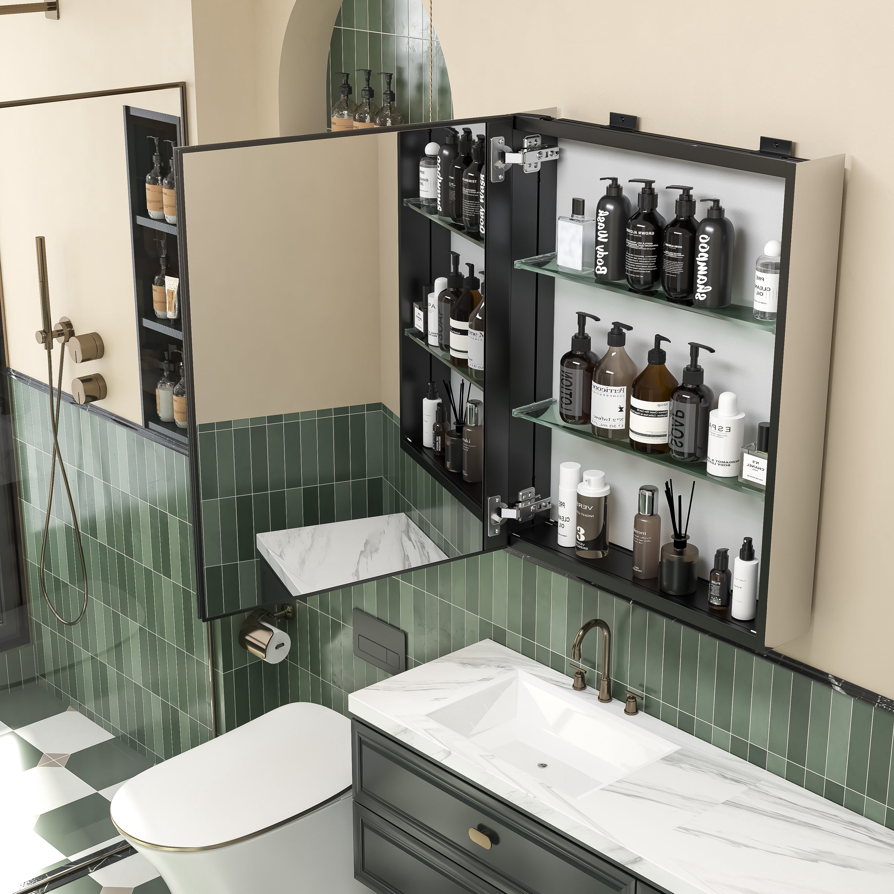 MAYEERTY 11"×8" Model C Black Iron Rectangular Mirror Cabinet Rounded Corners, Bathroom Storage for Bathroom