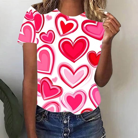 Jsaierl Valentine's Day Shirts for Women Cute Love Heart Graphic Tees Work Short Sleeve Blouse Round Neck Going Out T-shirt Tops Valentines Day Gifts
