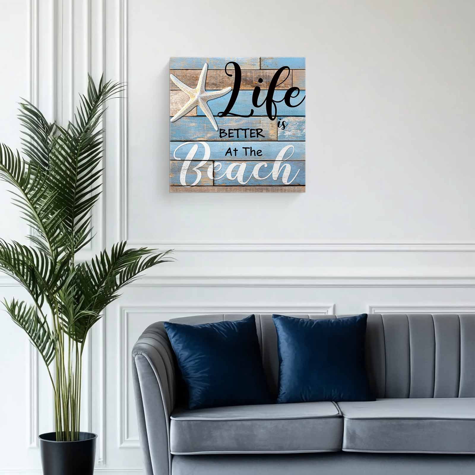 Canvas Print Wall Art Life Is Better at The Beach Summer Starfish Blue Wood Grain Framed Canvas Art Wall Decor Pictures Painting Morden Artwork for Living Room Bedroom, Ready to Hang, 12"x12"