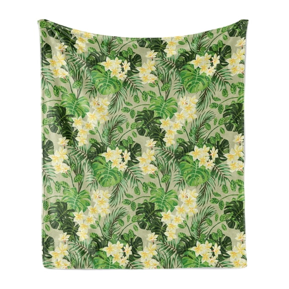 Floral Soft Flannel Fleece Throw Blanket, Tropical Monstera Palm Leaves and Flowers on Monochromatic Background, Cozy Plush for Indoor and Outdoor Use, 50" x 70", Lime Green and Khaki, by Ambesonne