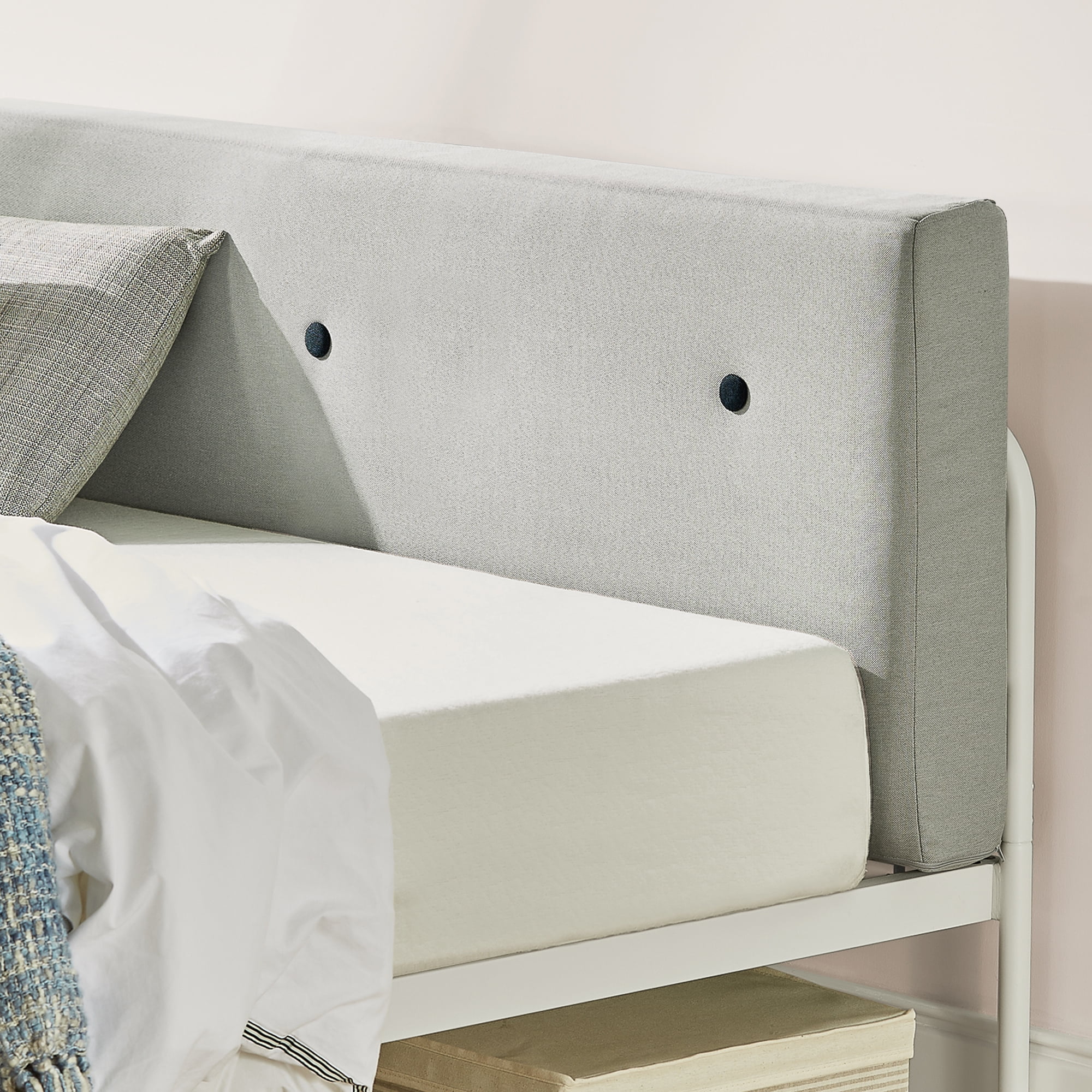 Mellow Maggie Metal Platform Bed with Upholstered Cushion Headboard, Sky Grey, King