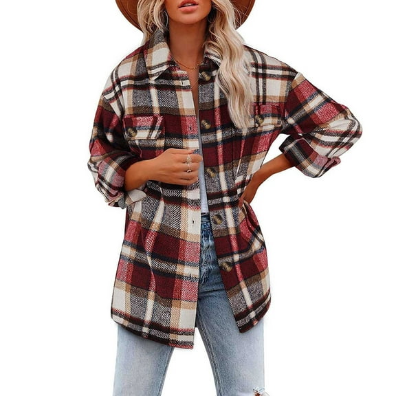Black and Friday Clothing Sales Idoravan Plaid Shirts for Women Winter Jacket Clearance Women Casual Long Sleeve Buttons Loosing Printing Lattice Coat Tops Red S