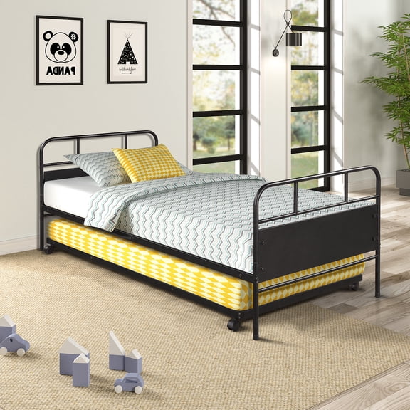 Metal Daybed Platform Bed Frame with Trundle Built-in Casters, Twin Size