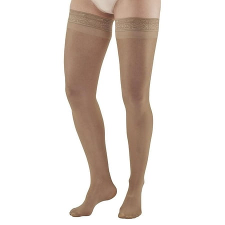 Ames Walker Women's AW Style 74 Soft Sheer Compression Thigh High Stockings w/ Lace Band - 8-15 mmHg Nylon/Spandex